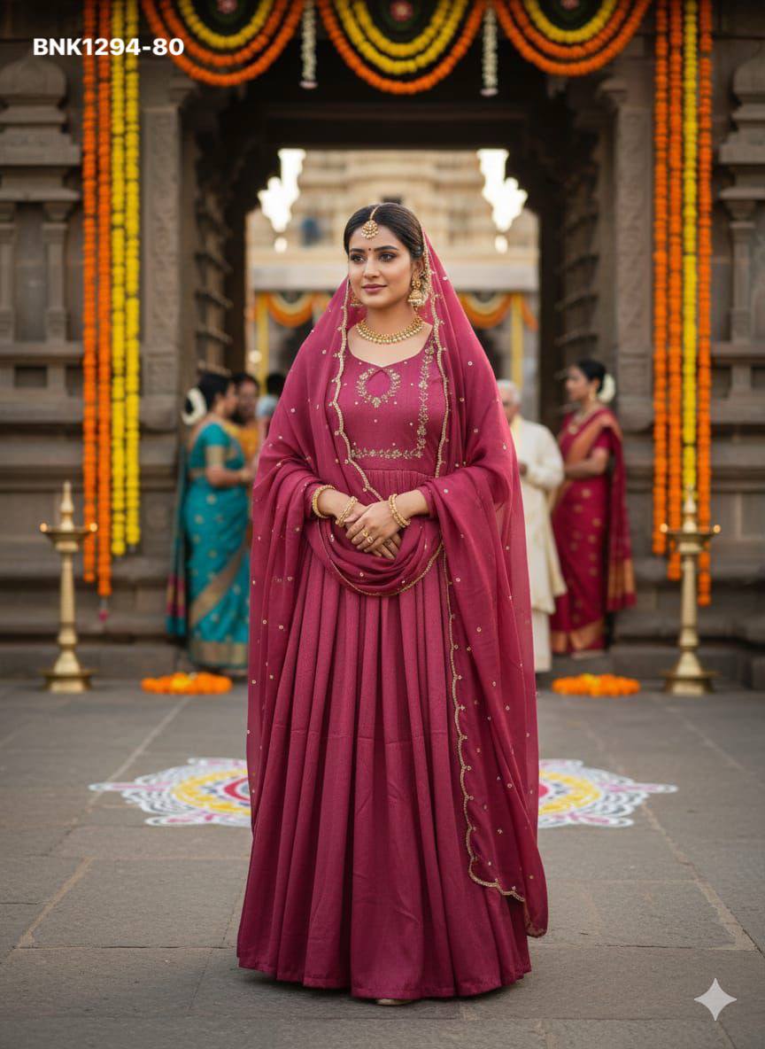 Top Quality Ethnic Clothing Vichitra Silk Maggam Hand-work Gown with Sequence-Cut work Dupatta - Image 13