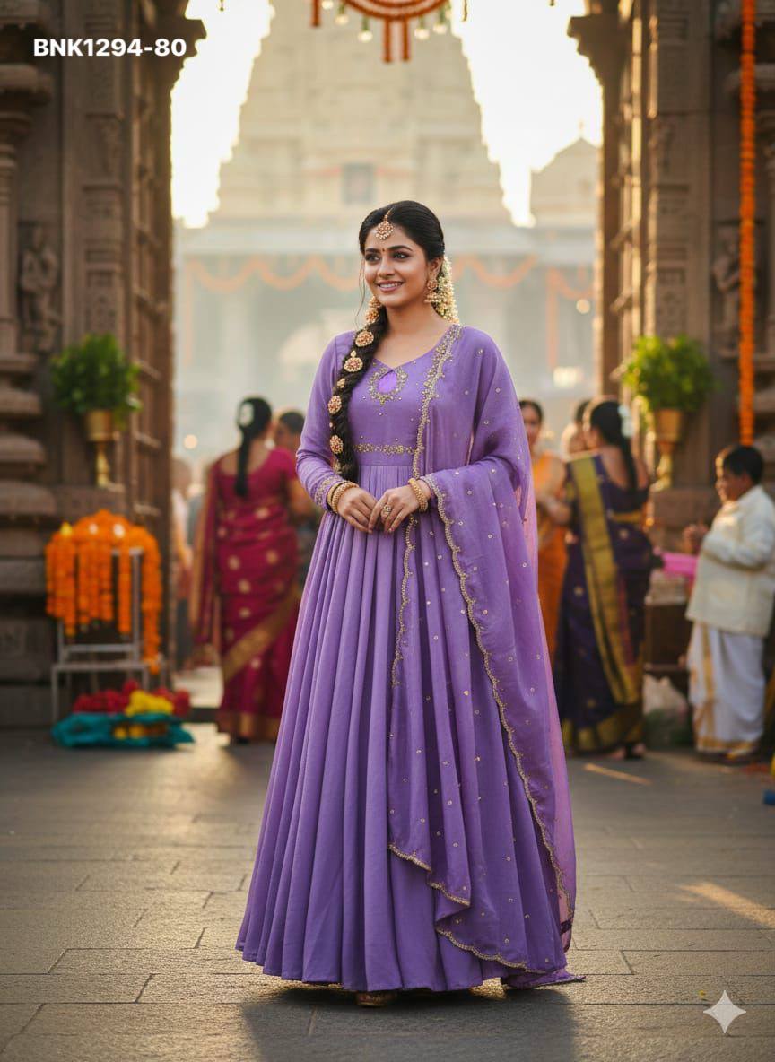 Top Quality Ethnic Clothing Vichitra Silk Maggam Hand-work Gown with Sequence-Cut work Dupatta - Image 15