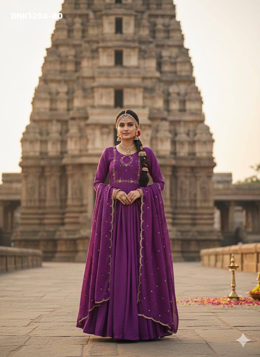 Top Quality Ethnic Clothing Vichitra Silk Maggam Hand-work Gown with Sequence-Cut work Dupatta - Image 17