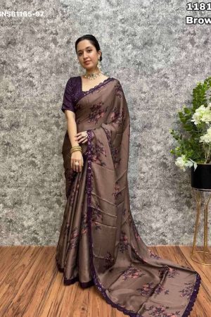 Beautiful Modern Design Georgette Satin with Floral Digital Print-Sequence Border Saree-Blouse Set