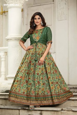 Top Quality Latest Silk Blend with Flower Print Flared Gown with Koti Set