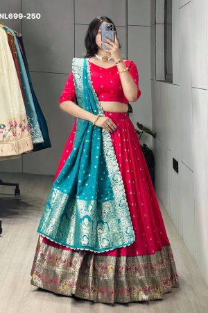 Indian Traditional Paithani Silk with Woven Colorful Motifs-Zari Border Lehenga-Choli Set with Batwa