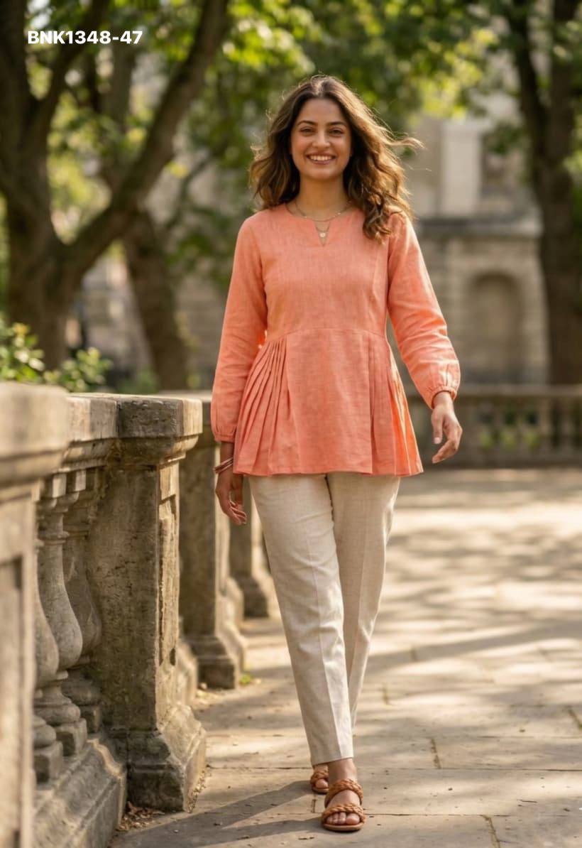 Latest Linen Cotton Solid Full-Sleeve Peplum Top & Pocket Pant Ready made Set Collection - Image 26
