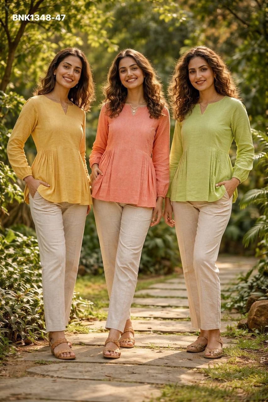 Latest Linen Cotton Solid Full-Sleeve Peplum Top & Pocket Pant Ready made Set Collection - Image 4