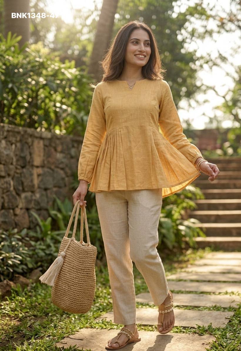 Latest Linen Cotton Solid Full-Sleeve Peplum Top & Pocket Pant Ready made Set Collection - Image 9
