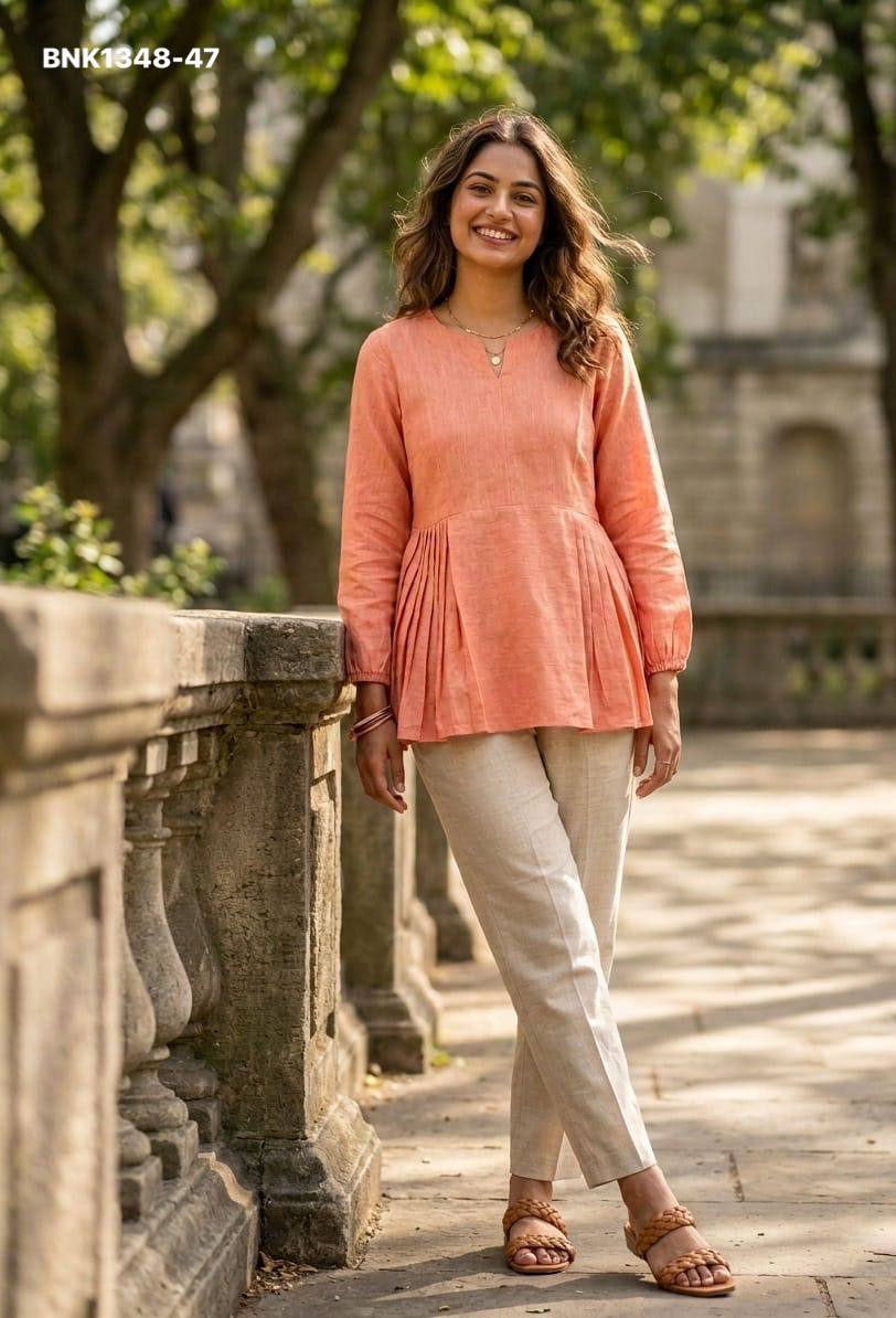 Latest Linen Cotton Solid Full-Sleeve Peplum Top & Pocket Pant Ready made Set Collection