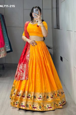 Paithani Silk with Zari Weaving Polka Dots- Floral & Traditional Motif Work Border Lehenga Set