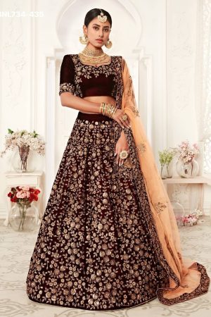 Wedding wear Velvet with Thread-Sequin-Zari Embroidered All-Over work Maroon A-Line Lehenga-Choli