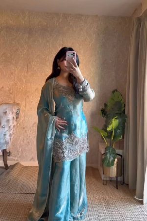 Latest Designer Fancy Silk with Embroidered Sequence work Fully-Stitched Plazzo-Suit & Dupatta