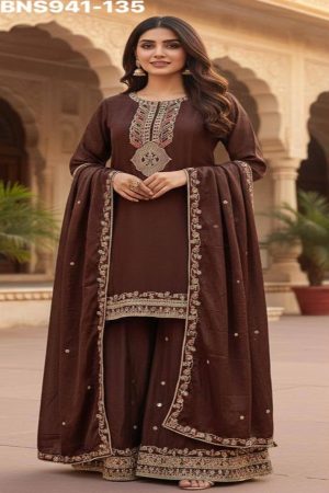 Heavy Latest Collection Chinon with Embroidered Readymade Plazzo-Suit Set
