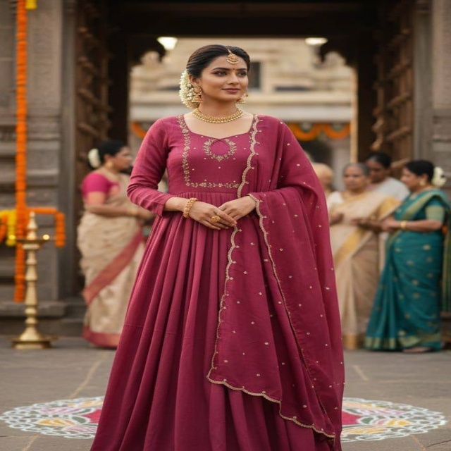 Top Quality Ethnic Clothing Vichitra Silk Maggam Hand-work Gown with Sequence-Cut work Dupatta - Image 2