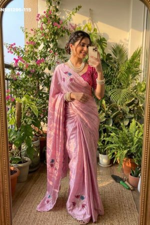 Chinon Silk with Cutdana-Hand & Bandhani work Butta & Cut-work Border Saree with Bandhani Blouse